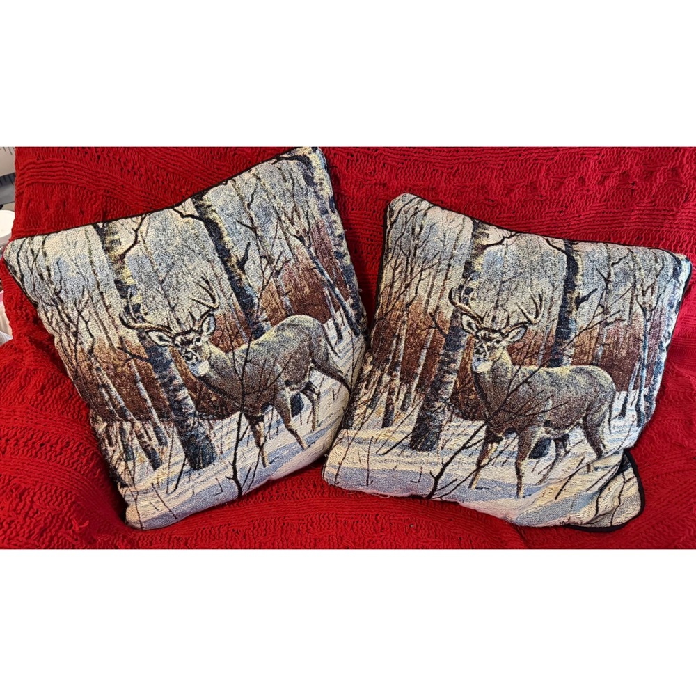 Set of 2 Woven Tapestry Deer Buck Snowy Forest Cabin Lodge Throw Pillows Woven